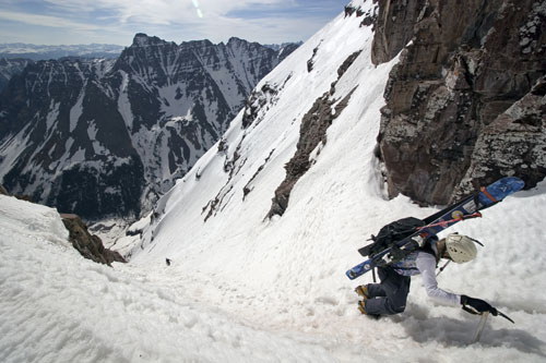 Christy Mahon nearing the top of the Bell Cord Couloir.