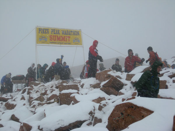 A photo of the summit turnaround of the Pikes Peak Marathon.