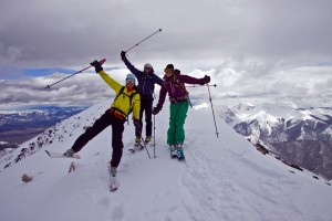 Christy, Dirk and Lissa, pushing off from the summit of Mount Yale.