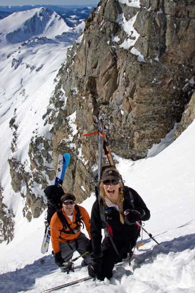 Adam Moszynski and Christy Mahon in the couloir that gains the NE Ridge of Castle Peak.