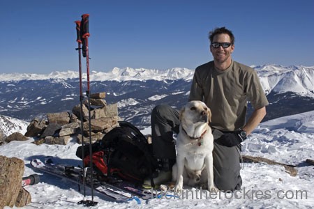 Chris Davenport on Quandary Peak with Horton the Quandary Dog,