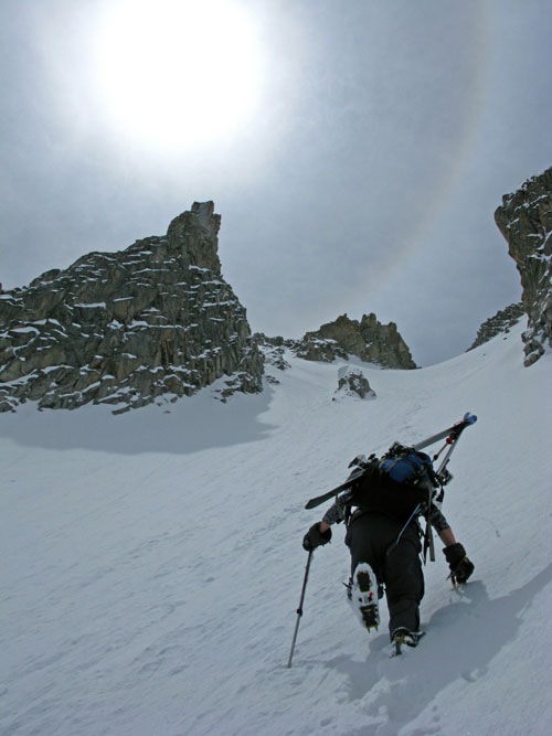 Christy booting the North Couloir between Hagerman and Snowmass Peak.