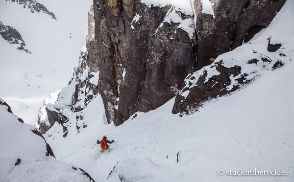 Christy mahon in the pinch of the north couloir of Potosi Peak