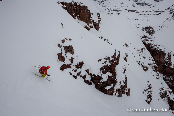 Christy Mahon skis the northeast couloir of Belleview Mountain