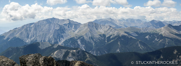 Looking south from Mount Yale, the fifth peak of the the South to North route. Mount Princeton (summit #4) is the large mountain out to the left, and the trio of Antero, Shavano, and Tabeguache (Summits 1, 2, and 3)are further out in the distance to the right.