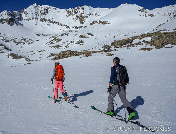 Christy Mahon and Joey Giampaolo approaching the Moonshine Couloir on Mount Arkansas