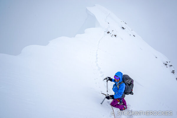 Christy Mahon near the summit of the Fineilspitze, looking back at our tracks across the ridge.