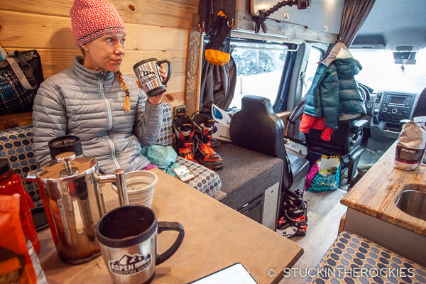 Getting ready in the morning in our Aspen Custom Van