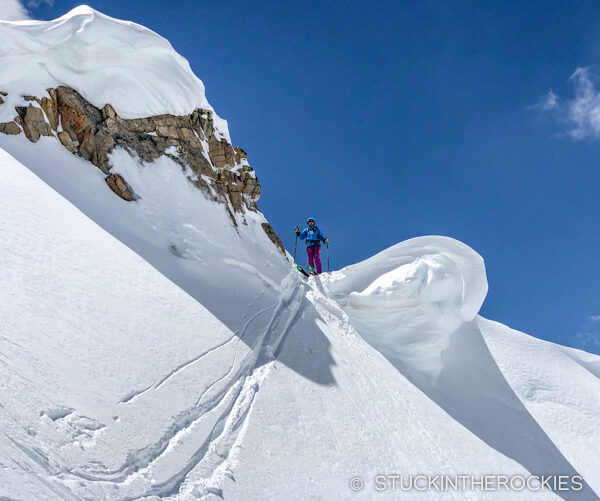 Christy Mahon dropping in to ski Mount Blaurock