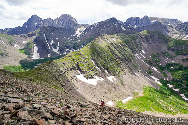 Climbing the talus field from Macey Lakes to Colony Baldy