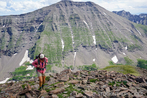 Christy Mahon nearing the summit of Colony Baldy with Humboldt Peak in the distance