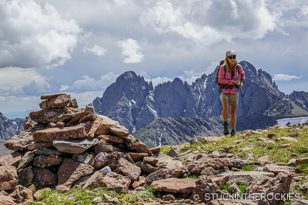 Christy Mahon high above Macey Lakes on the summit of Colony Baldy.