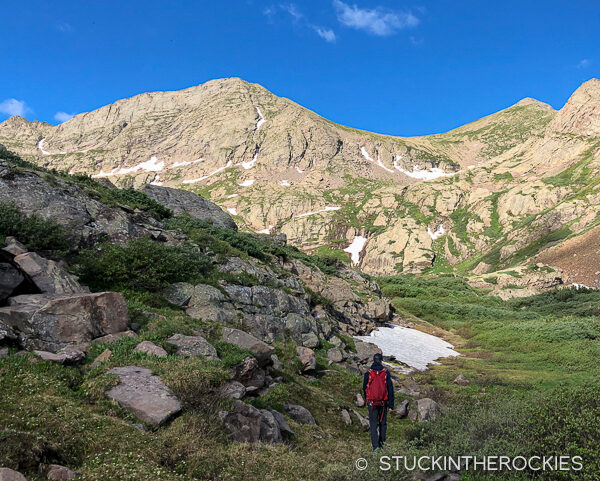 Heading up past Macey Lakes to climb Point 13541