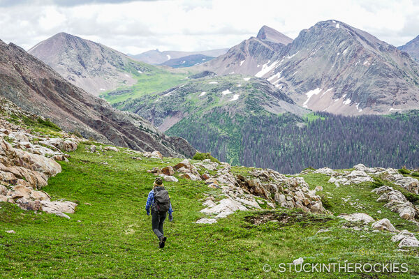 Hiking across the meadows back towards Hunchback Mountain.