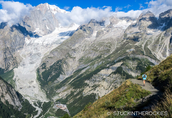 Christy Mahon running the trail on the third day of the Tour du Mont Blanc above Courmayeur.