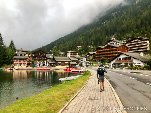 Ted Mahon arriving to Champex-Lac, after a long third day on the trail of the Tour du Mont Blanc.