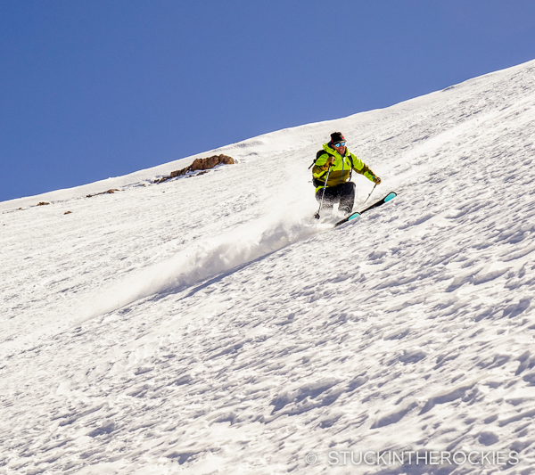 Chris Davenport skis some old north facing powder on Jbel Ayyachi