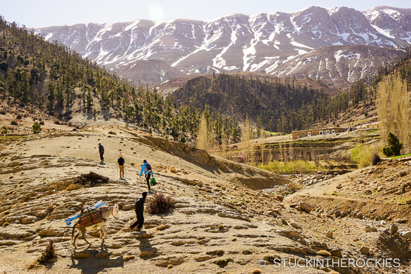 With the mule loaded, we all headed up to the snow on Jbel Maaskar, pictured behind.