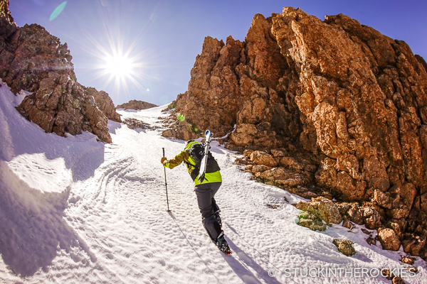 Chris Davenport ascends the couloir