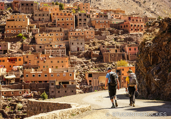 Christy Mahon and Chris Davenport walking to the start of the trail that leads up to Toubkal.