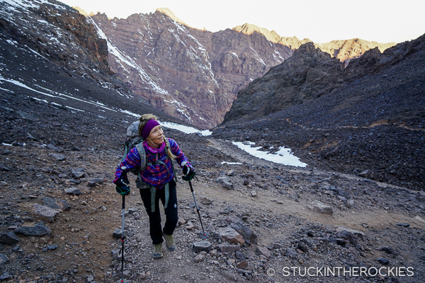 Christy Mahon hiking Toubkal's standard South Col route.