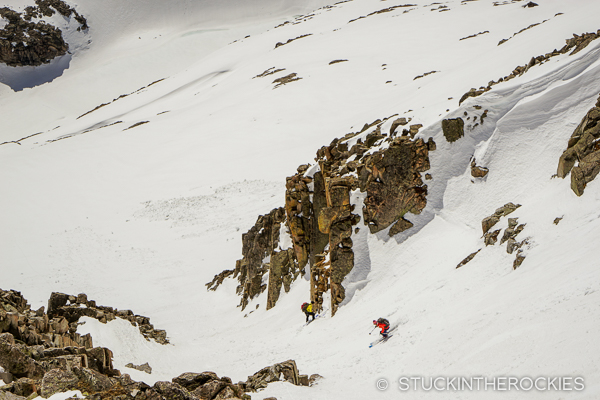 Christy Mahon skiing the couloir on Siberia Peak