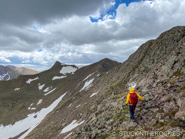 Ted Mahon hiking the ridge above Mas Alto Lake