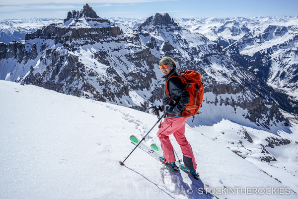 Christy, on the summit of Cirque Mountain, ready to ski.