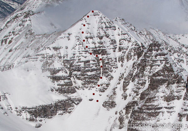 A photo of the ski line on the South Face of Castle Peak.