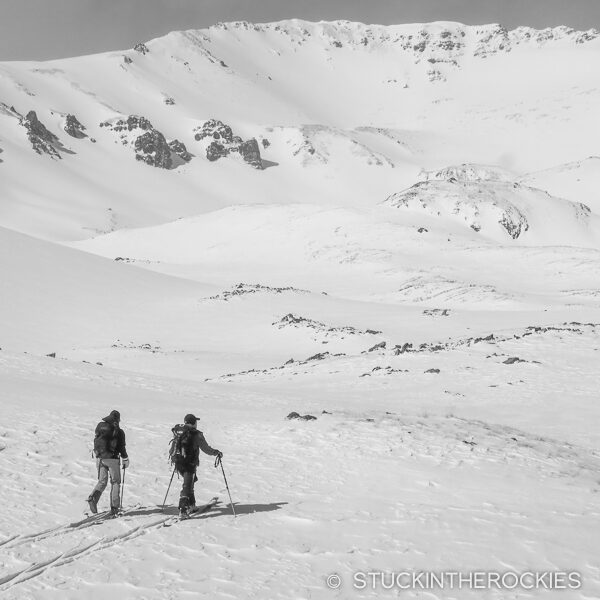 Approaching Electric Peak for a ski descent.