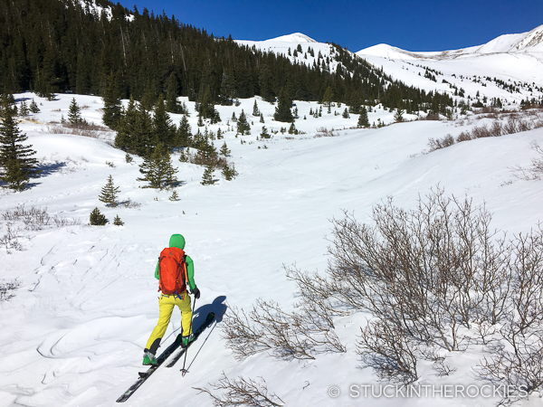 Skinning up the jeep road towards Mosquito Peak