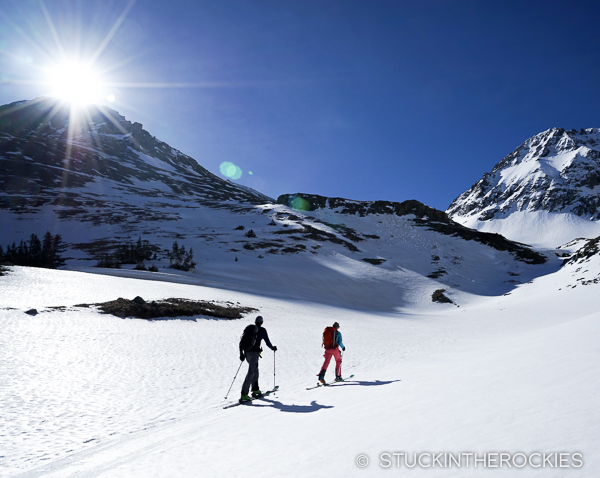 Christy Mahon and Joey Giampaolo skinning up to Niagara Peak