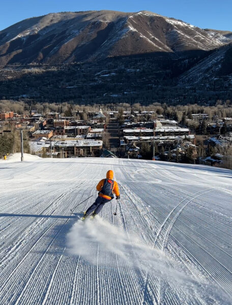 Christy Mahon skiing down after a morning skin up Aspen.