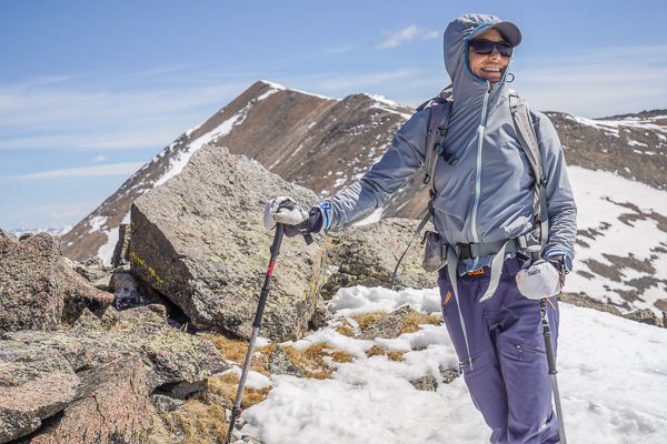 Christy Mahon on the summit of Bull Hill, with Mount Elbert in the distance.