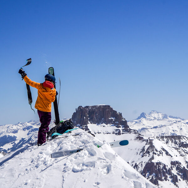 Pulling our skins on the summit of Mount Emma.