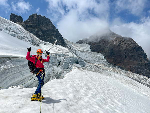 Christy Mahon descending the glacier to basecamp.