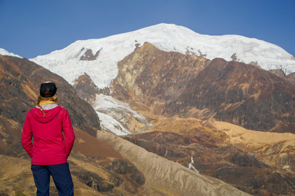 Christy Mahon looking at Illimani from basecamp.