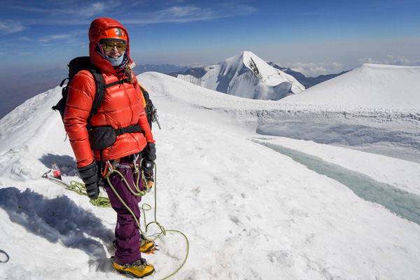 Christy Mahon on the summit of Illimani.