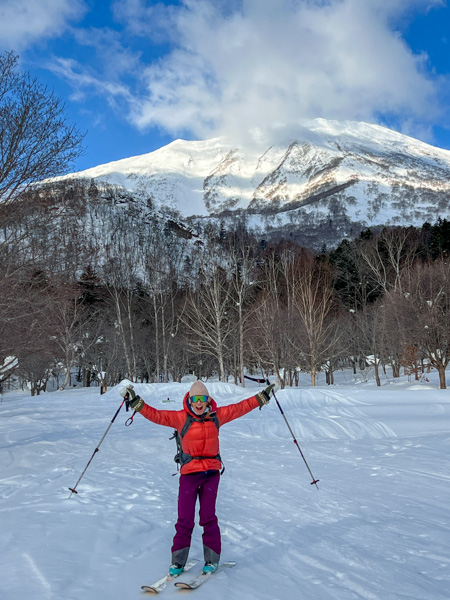 Christy Mahon after skiing Mount Yotei.