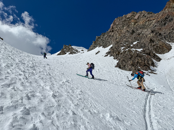 Skinning up the Patriot Couloir of American Peak